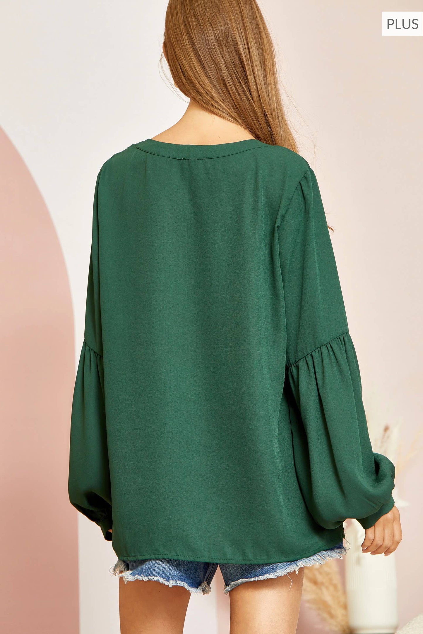 Plus Size Split Neck Long Sleeve Top