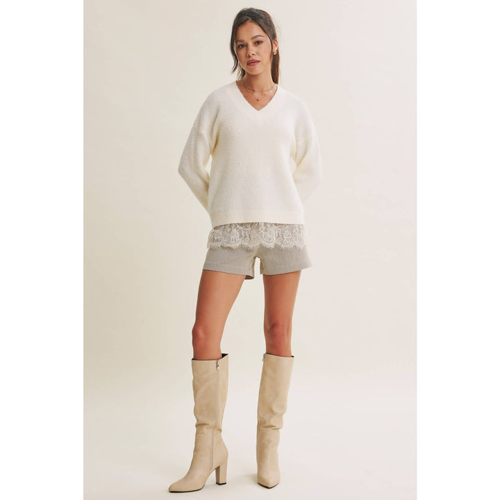 WINTER GARDEN EYELASH LACE TRIM BRUSHED SWEATER TOP