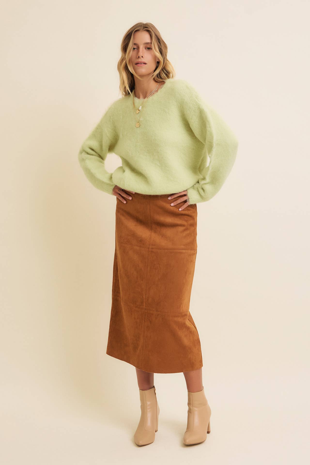 SUPER SOFT SUEDE GRID MIDI SKIRT WITH BACK SLIT