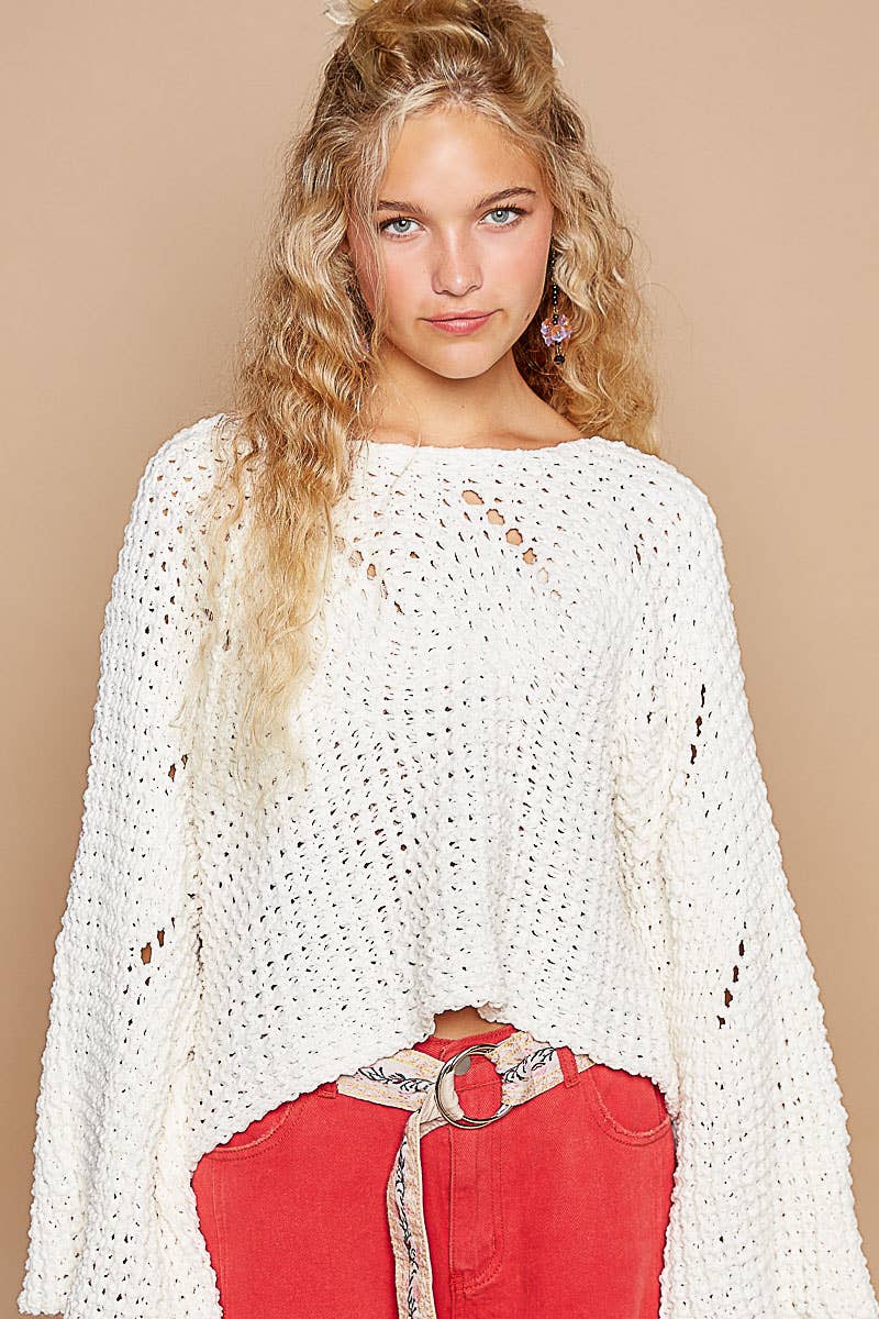 Round neck semi cropped chenille solid sweater SALE