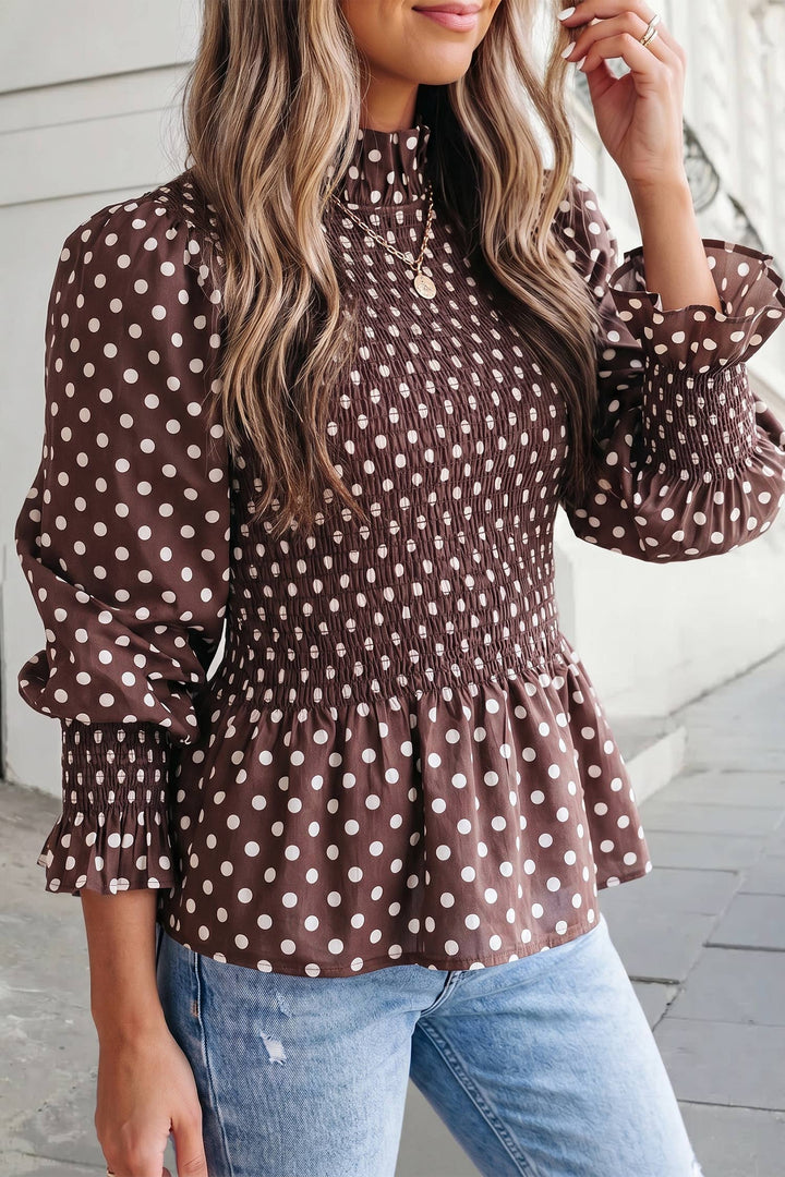 Cute Polka Dot Mock Neck Ruffled Shirred Blouse | S-XL