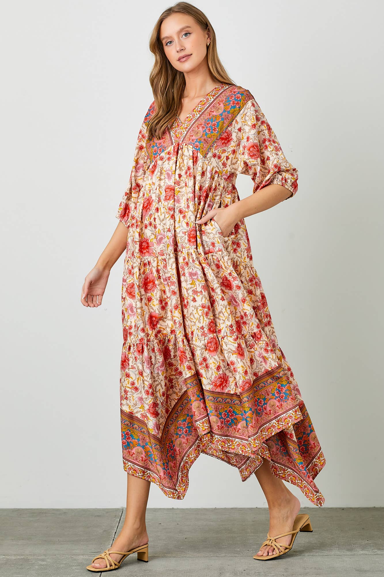 BORDER PRINT TIERED HANKY HEM MAXI DRESS