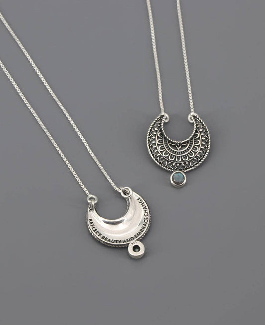 Sterling Silver Moon Phase Mandala Art Gemstone Inspirational Necklace