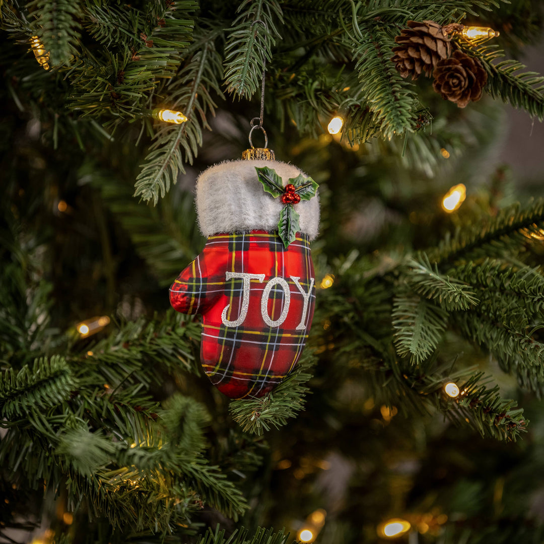 Plaid “JOY” Mitten Ornament – Glass Holiday Keepsake