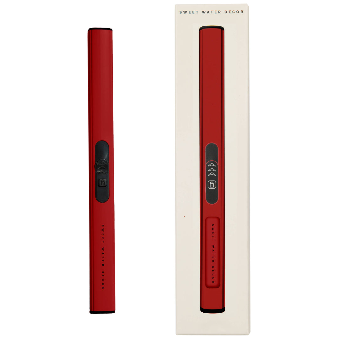 Red USB rechargable lighter with a box on a white background