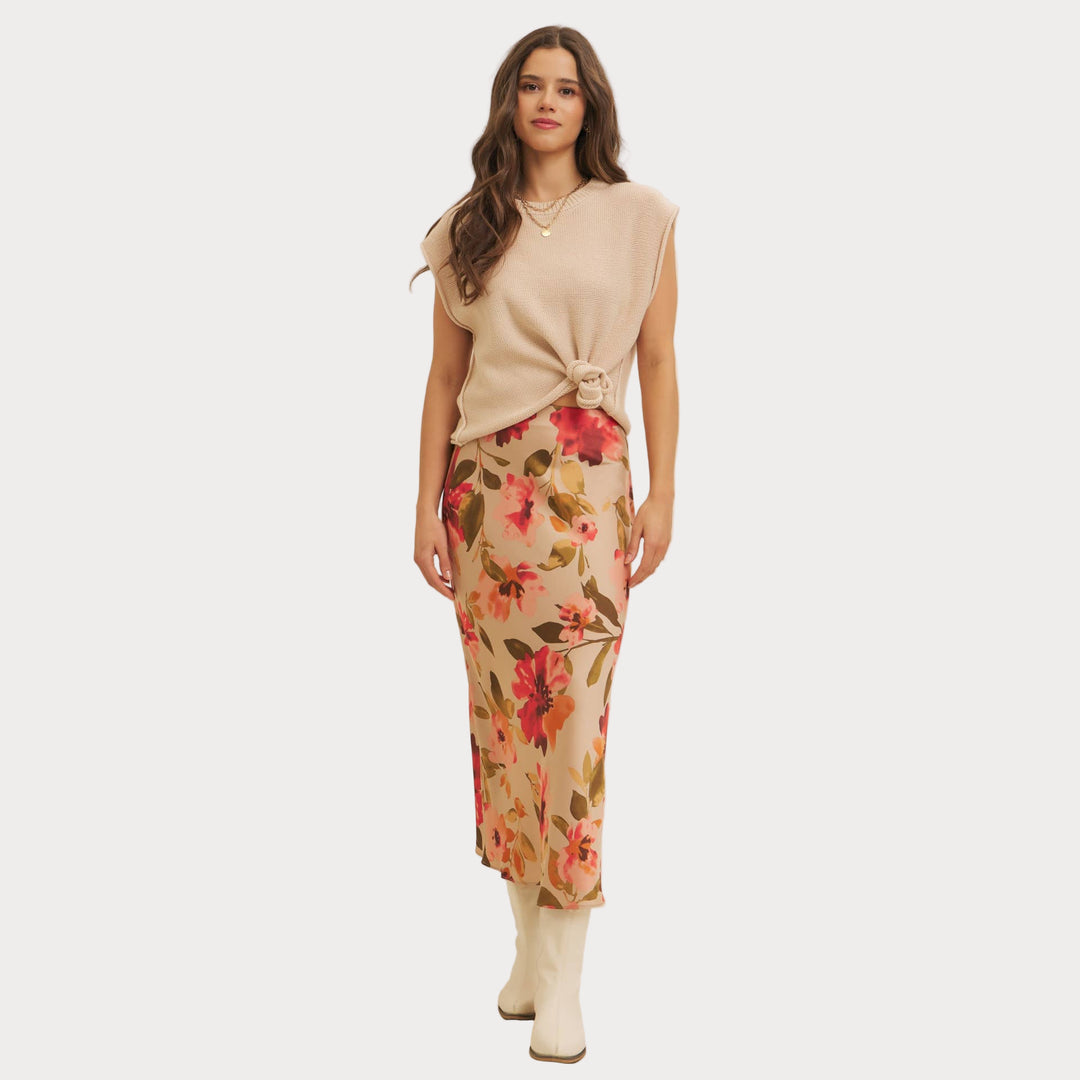 Floral Satin Bias Cut Maxi Skirt | Pink & Red Slip Skirt