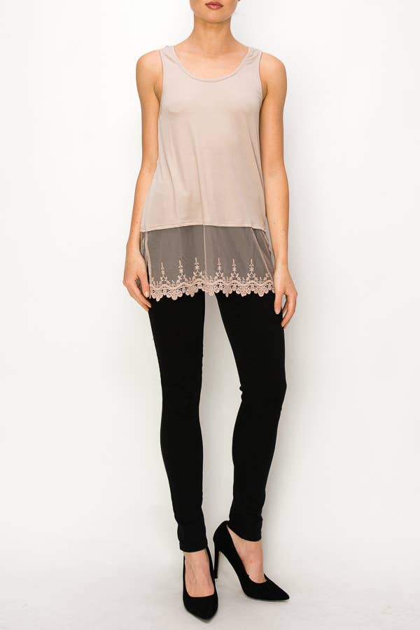 Soft Relaxed Tank With Delicate Floral Laced Hem - T08 TAUPE
