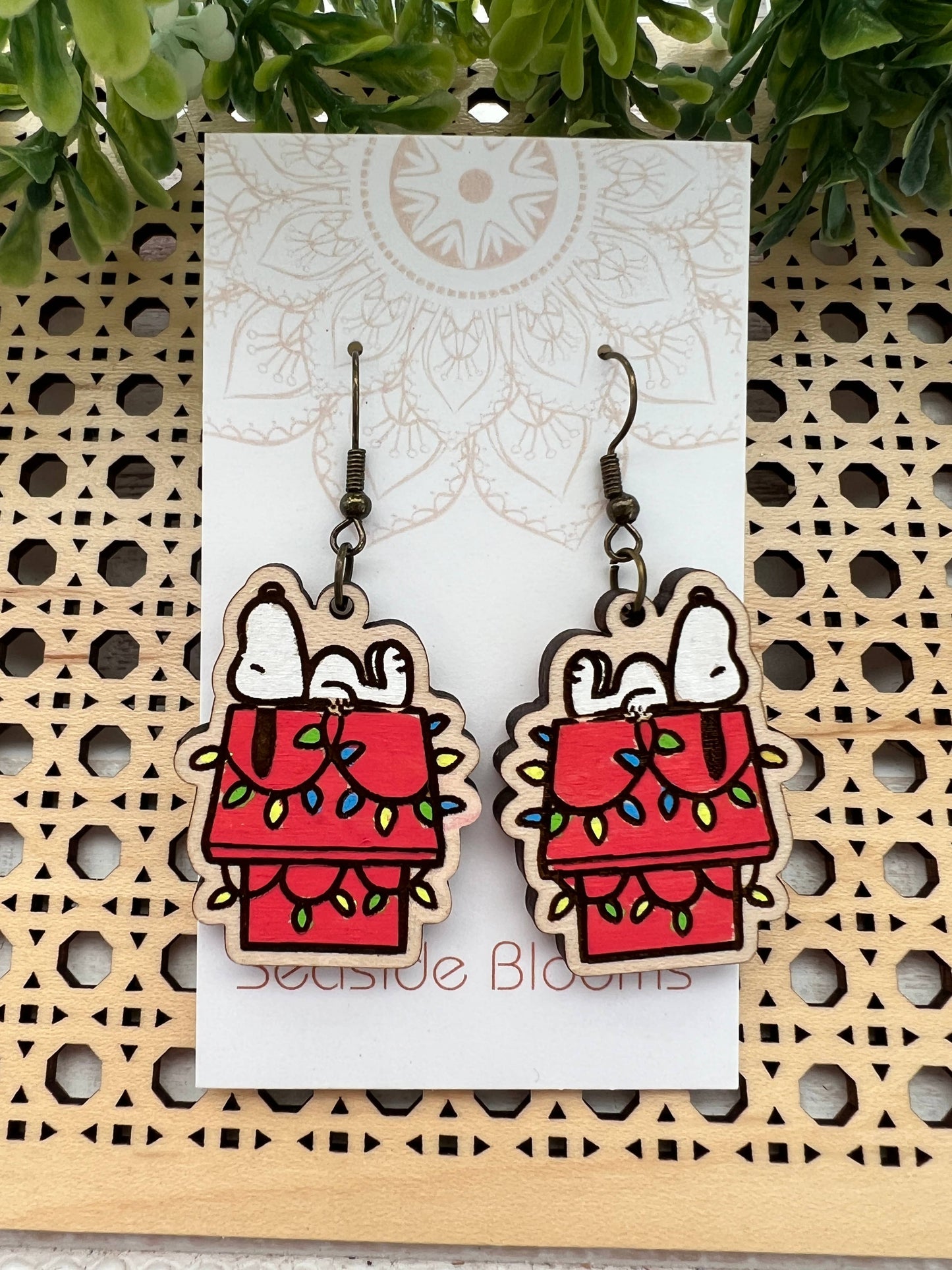 Wooden Earrings - Christmas Dog House