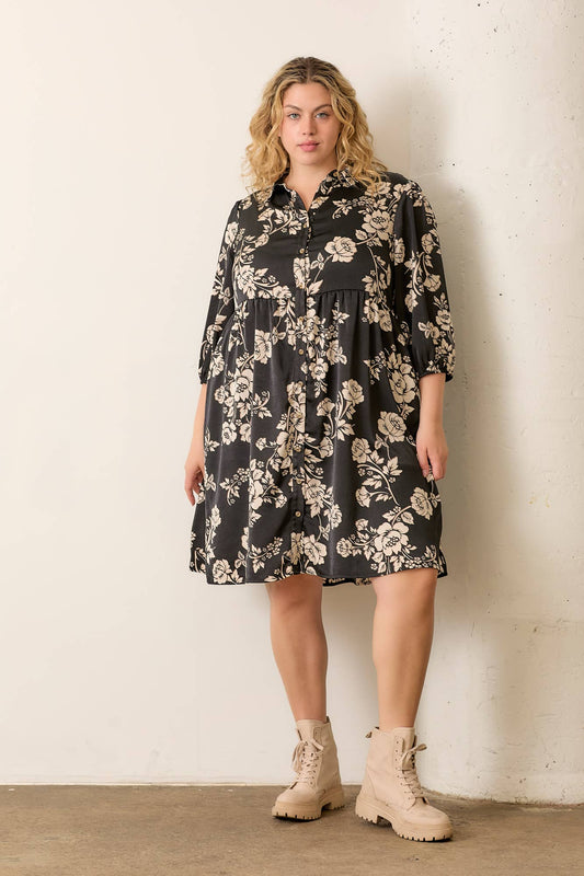 Floral Print Tiered  Button Up Midi Dress - Plus