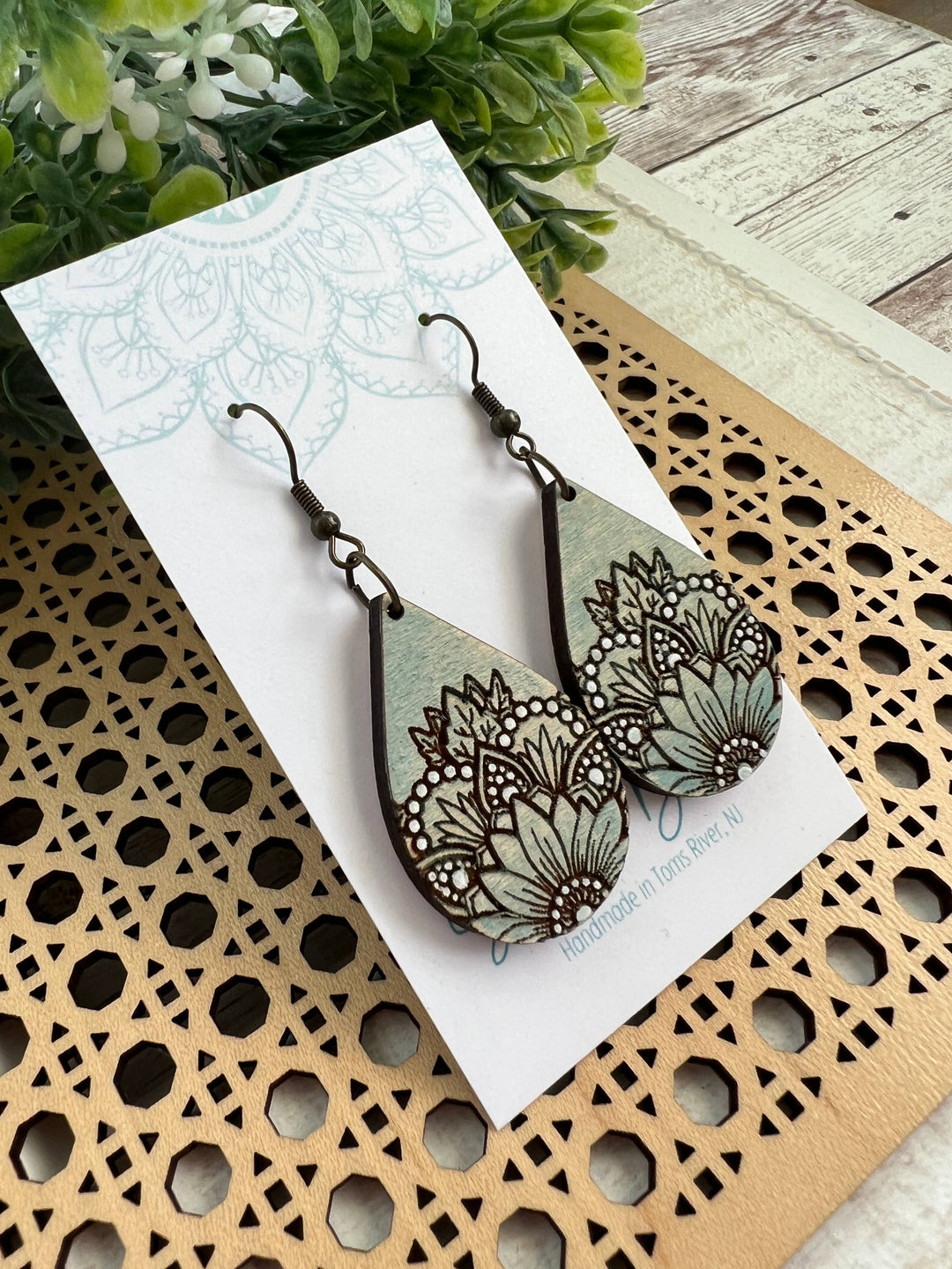 Wooden Earrings - Sunflower Mandala - Green