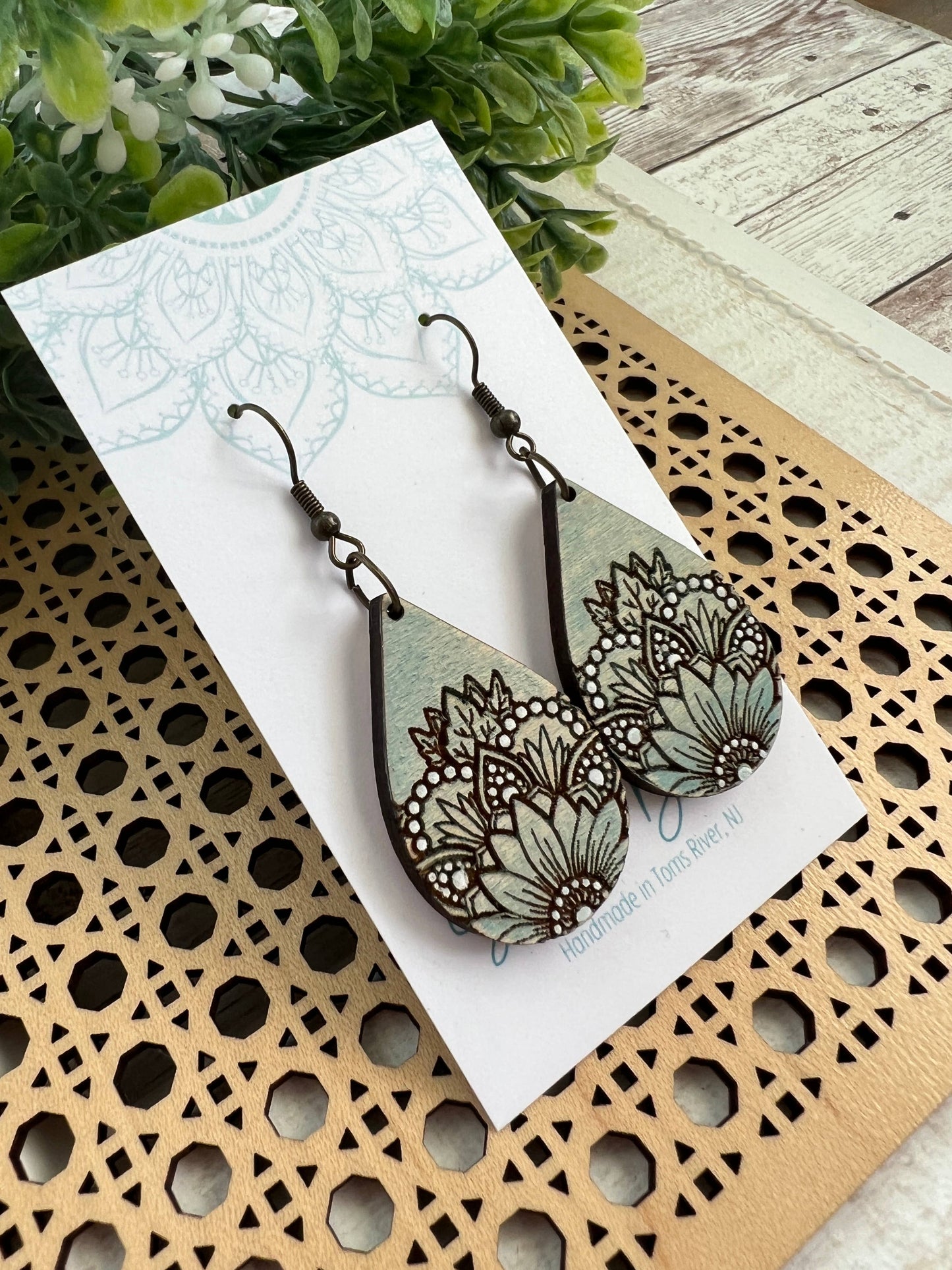 Wooden Earrings - Sunflower Mandala - Green