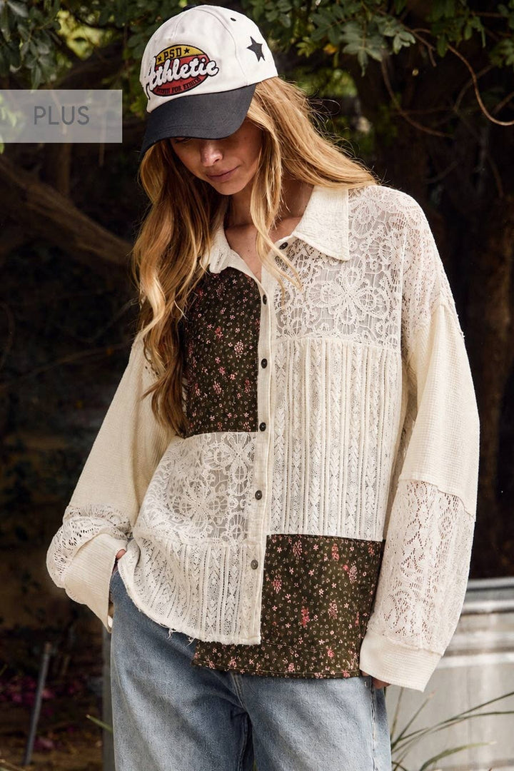 Plus Mixed Floral And Lace Shirt Jacket