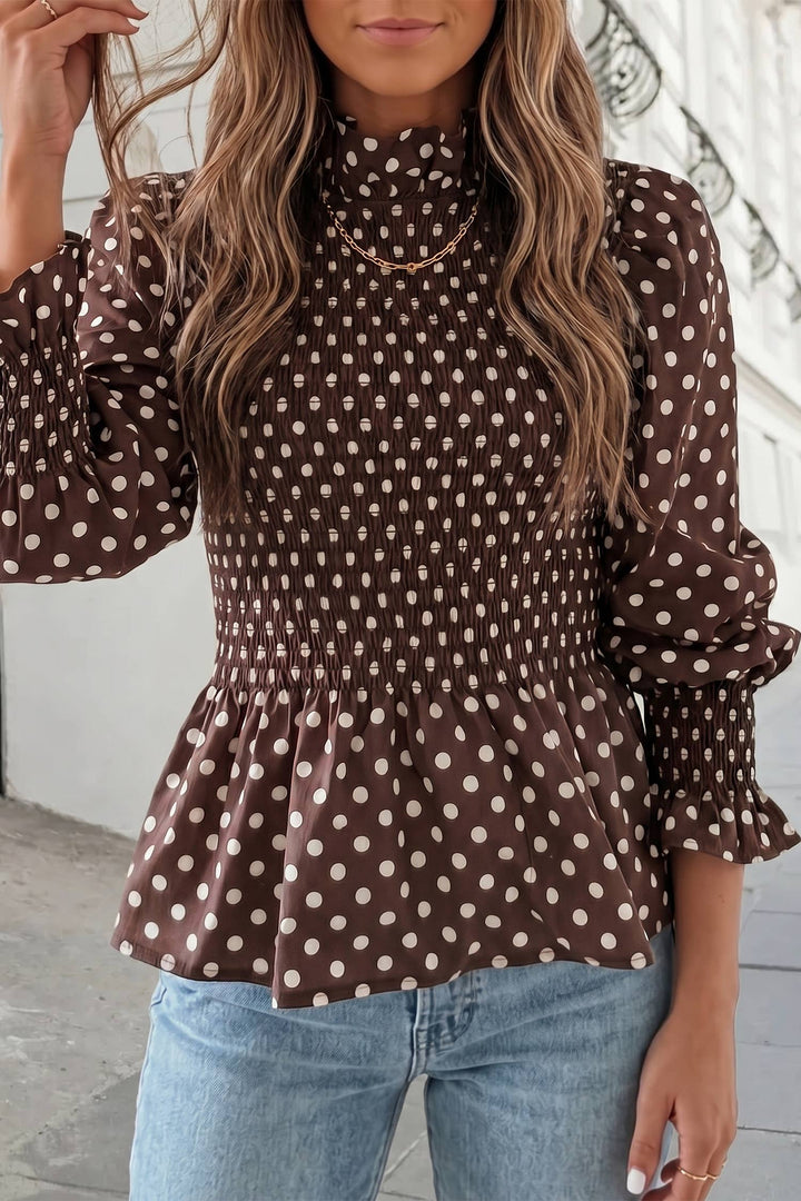 Cute Polka Dot Mock Neck Ruffled Shirred Blouse | S-XL