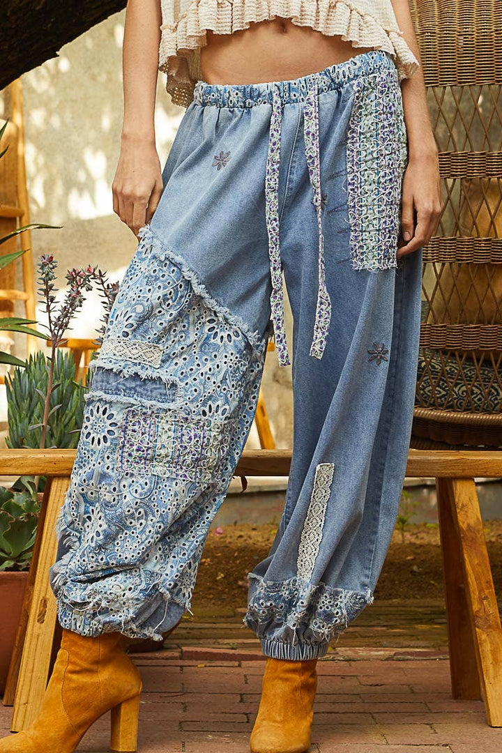 Floral print Patchwork Twill Joger Pants