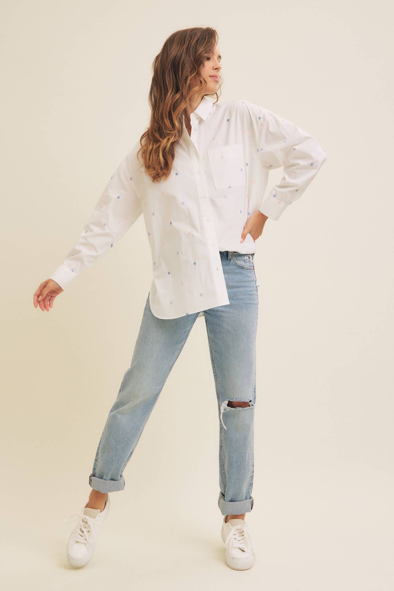 FULL OF HEARTS EMBROIDERY BUTTON DOWN LONG-SLEEVED SHIRT