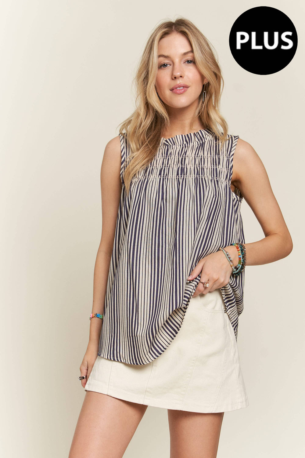 Plus Size Linen Stripe Tank Navy