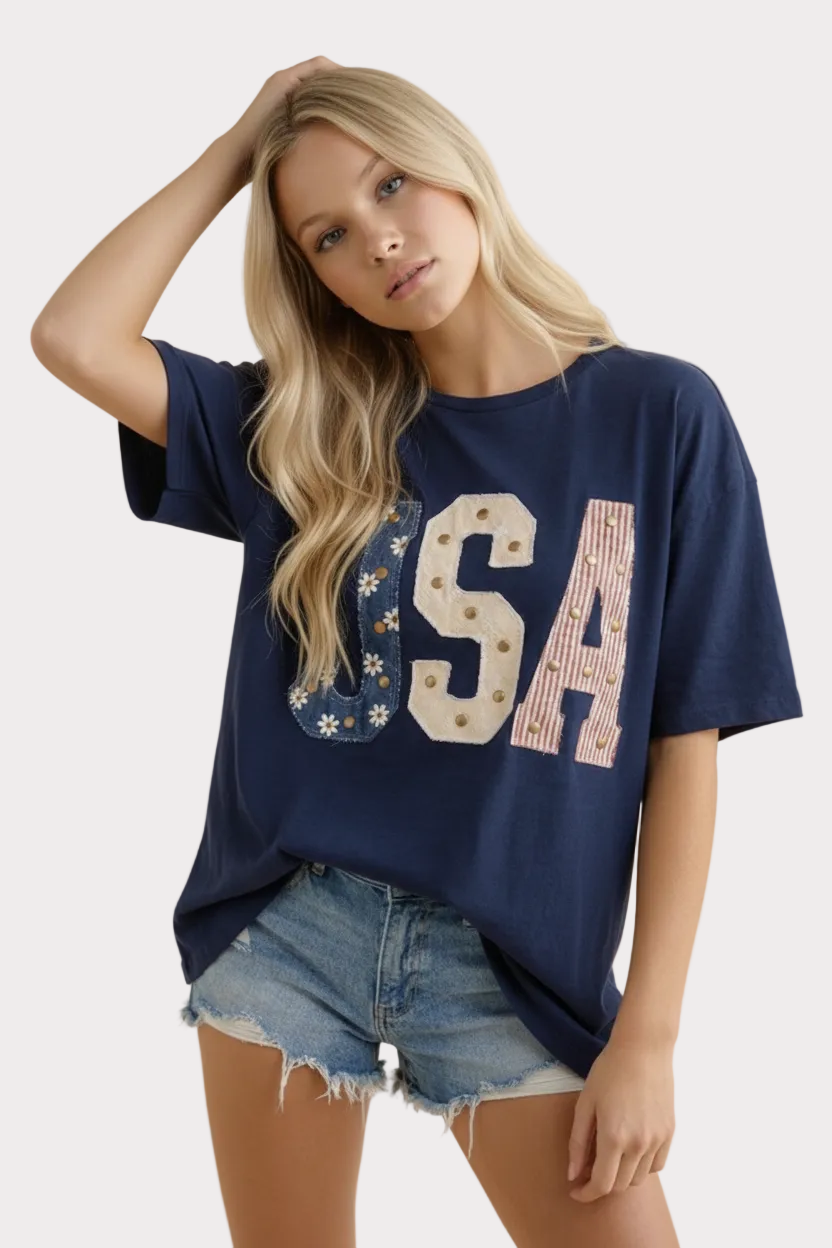 Mixed-Media Studded USA Graphic Tee