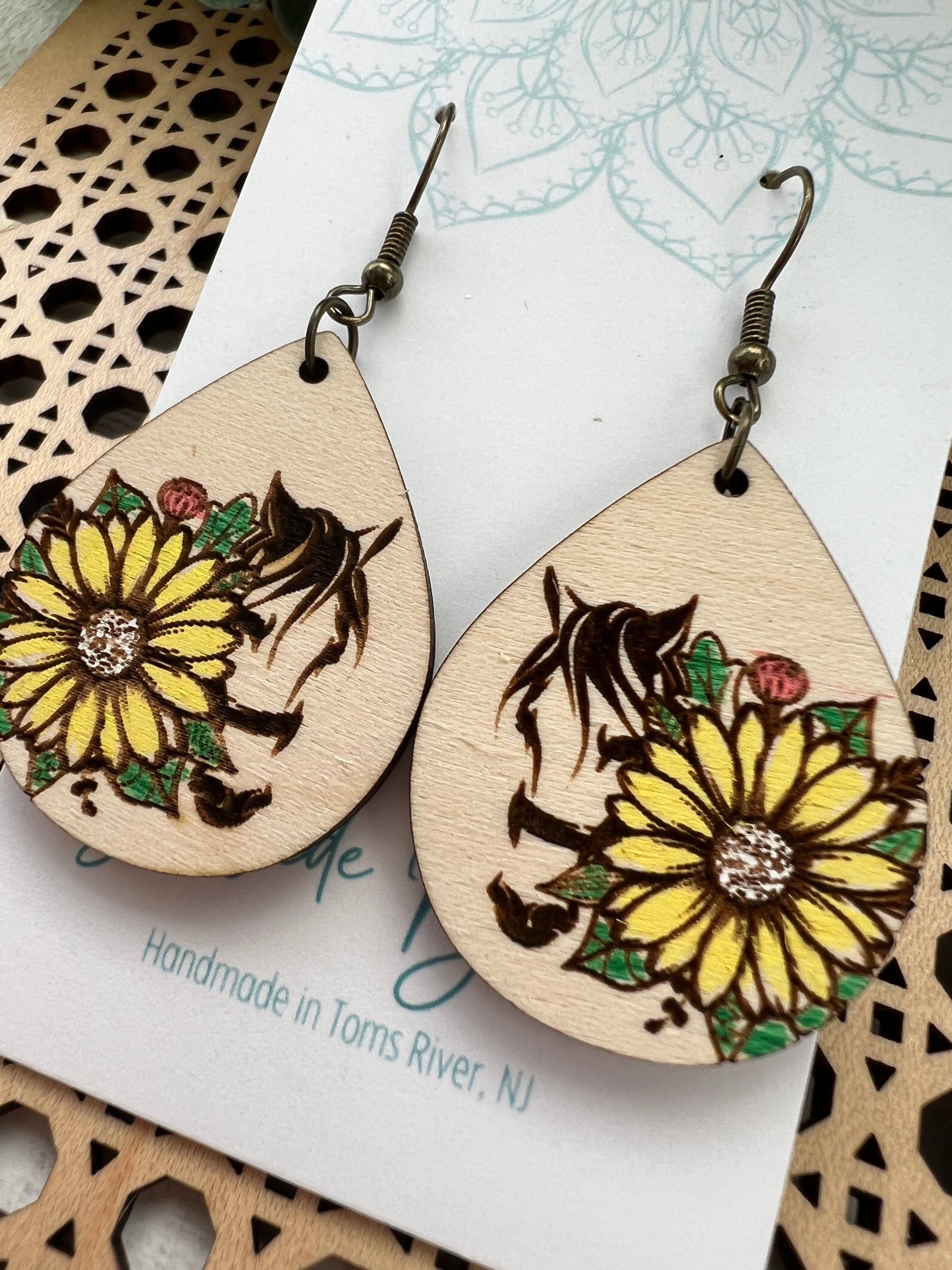 Wooden Earrings - Horse & Sunflower