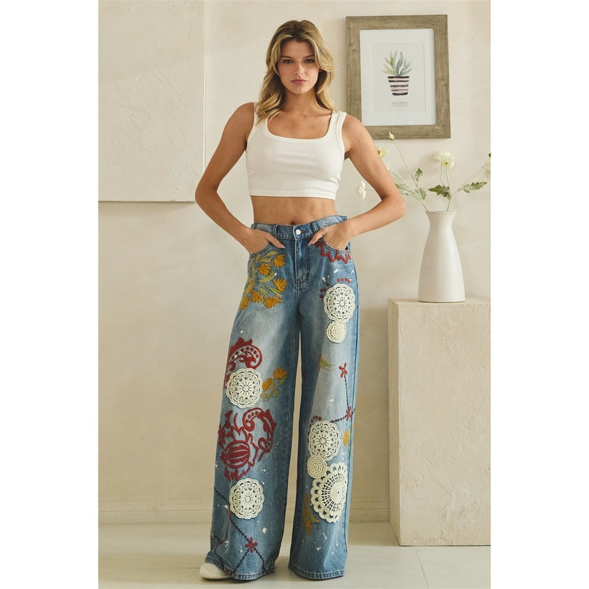 Wildflower Mosaic Wide Leg Jeans