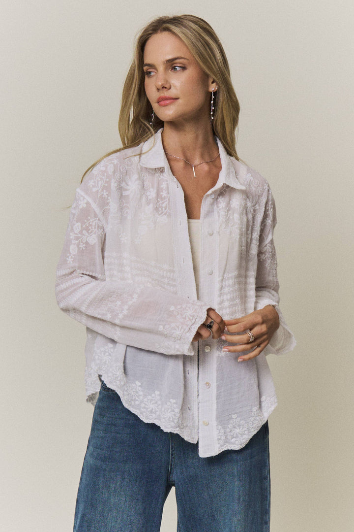 Woman wearing a light-colored lace embroidered blouse and blue jeans against a plain background