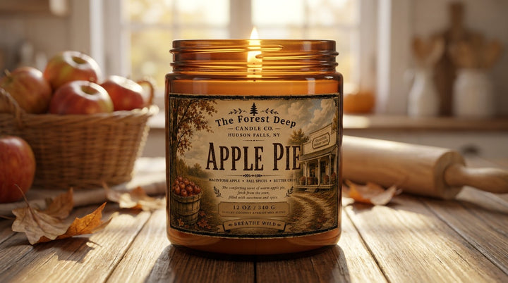 The Forest Deep Apple Pie 12 oz candle burning in a cozy fall kitchen with fresh apples and autumn leaves