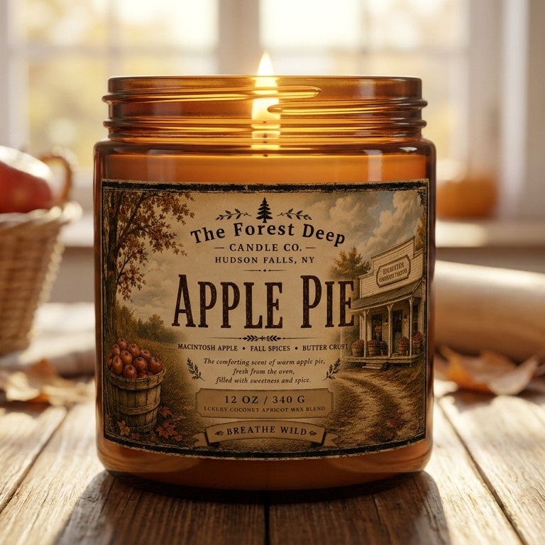 The Forest Deep Apple Pie 12 oz candle burning in a cozy fall kitchen with fresh apples and autumn leaves