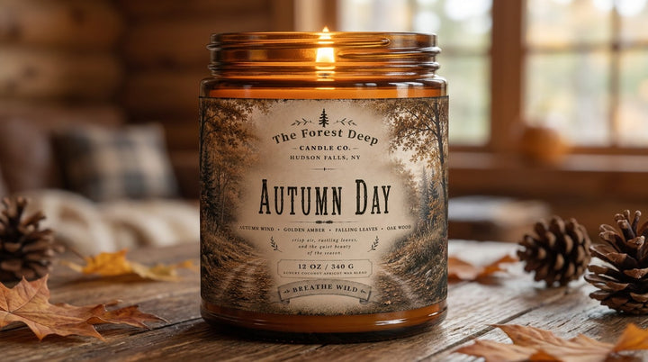 A lit amber glass jar candle labeled 'Autumn Day' by The Forest Deep Candle Co., placed on a rustic wooden surface with scattered autumn leaves and pinecones in a softly blurred indoor setting.