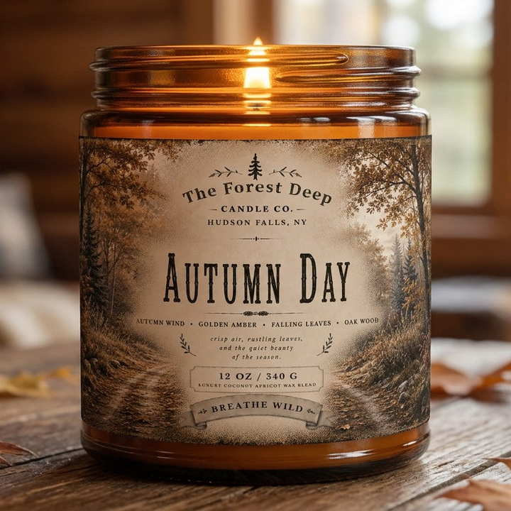 A lit amber glass jar candle labeled 'Autumn Day' by The Forest Deep Candle Co., shown on a rustic wooden surface with a softly blurred indoor background.