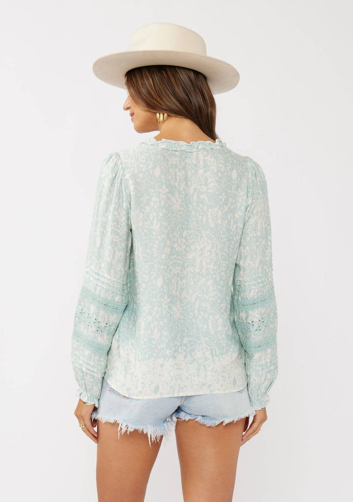 Floral Embroidered Lace-Trim Split Neck Blouse