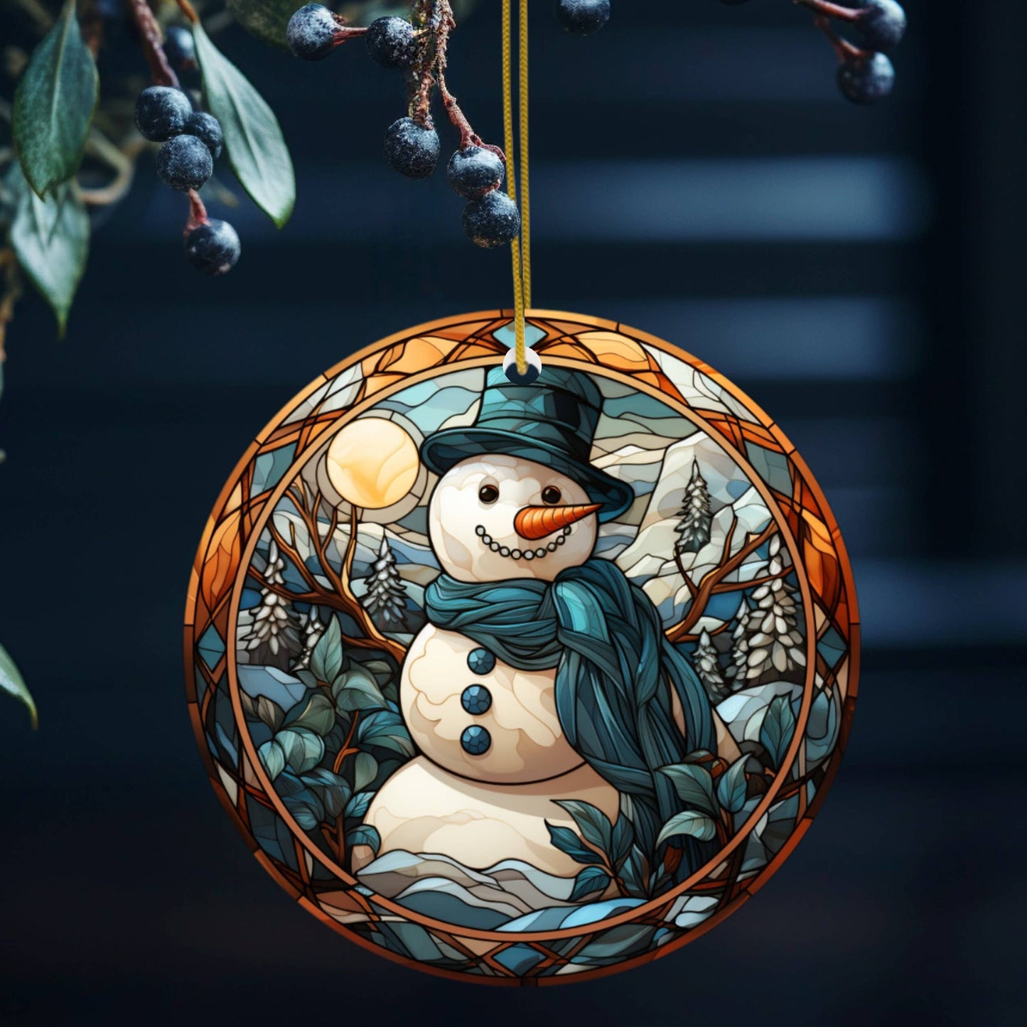 Snowman Christmas Keepsake Ornament in Stained Glass Style