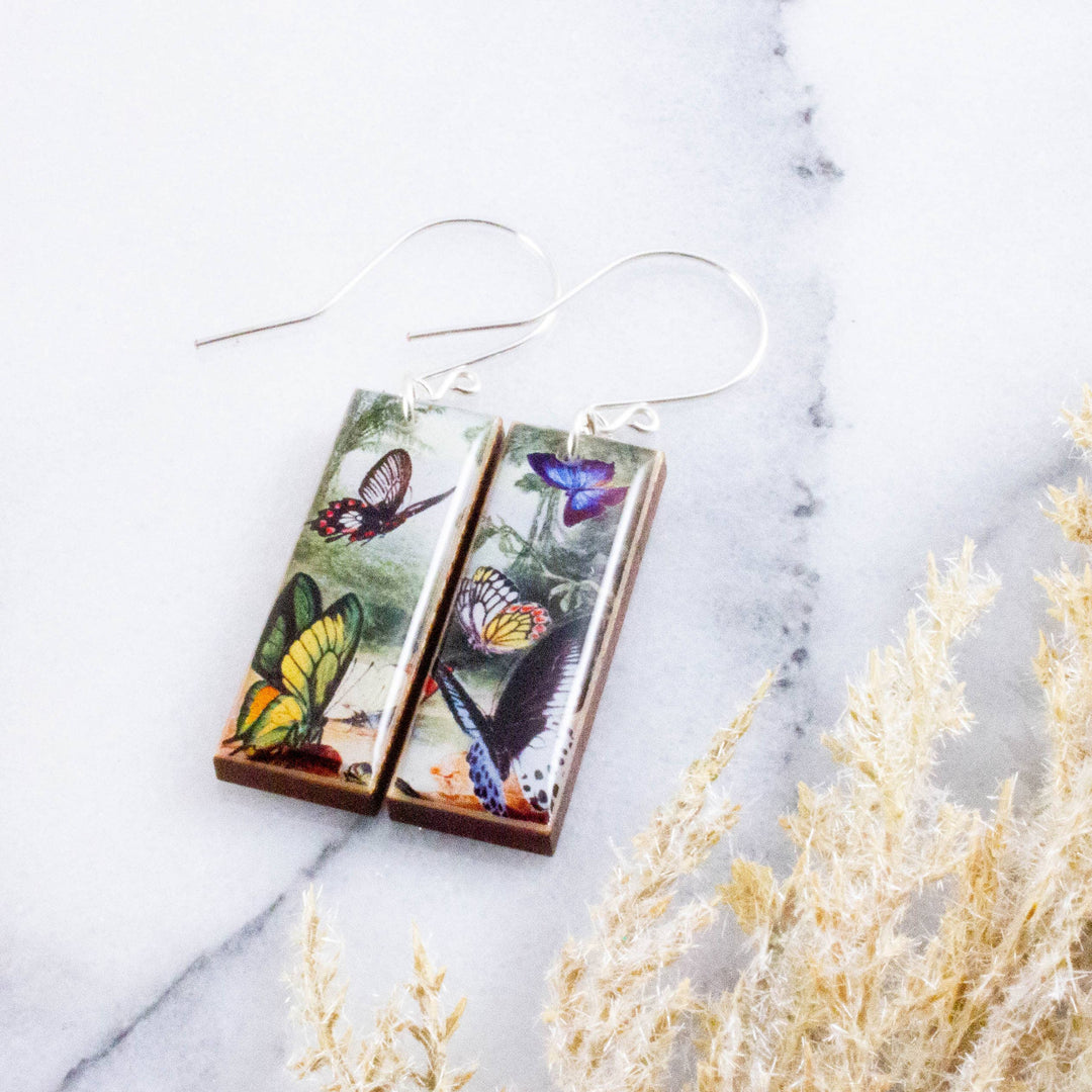 Vintage Butterfly Forest rectangle wooden earrings with colorful butterflies and sterling silver ear wires