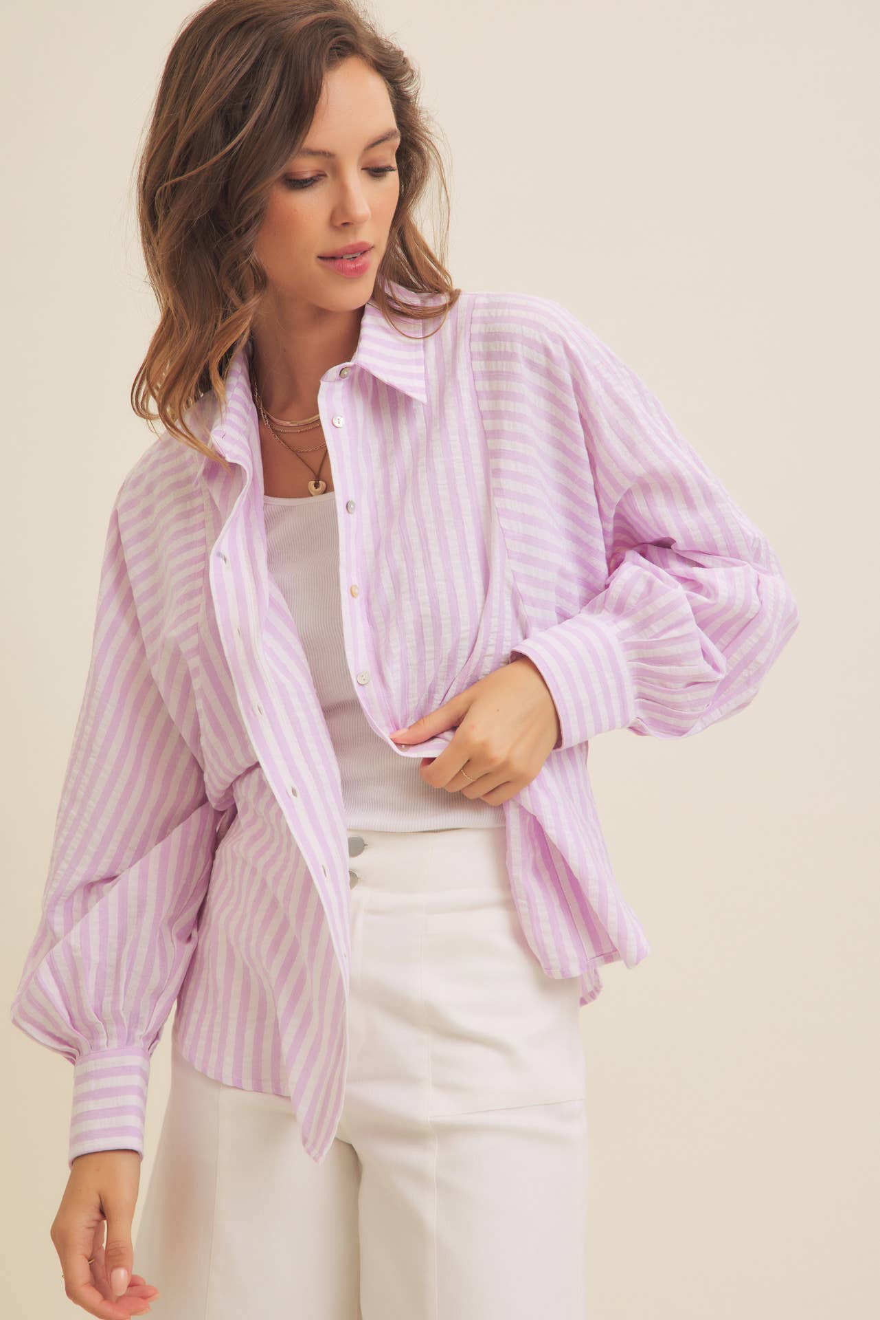 VOLUMINOUS SLEEVED BUTTON-DOWN COTTON STRIPE SHIRT