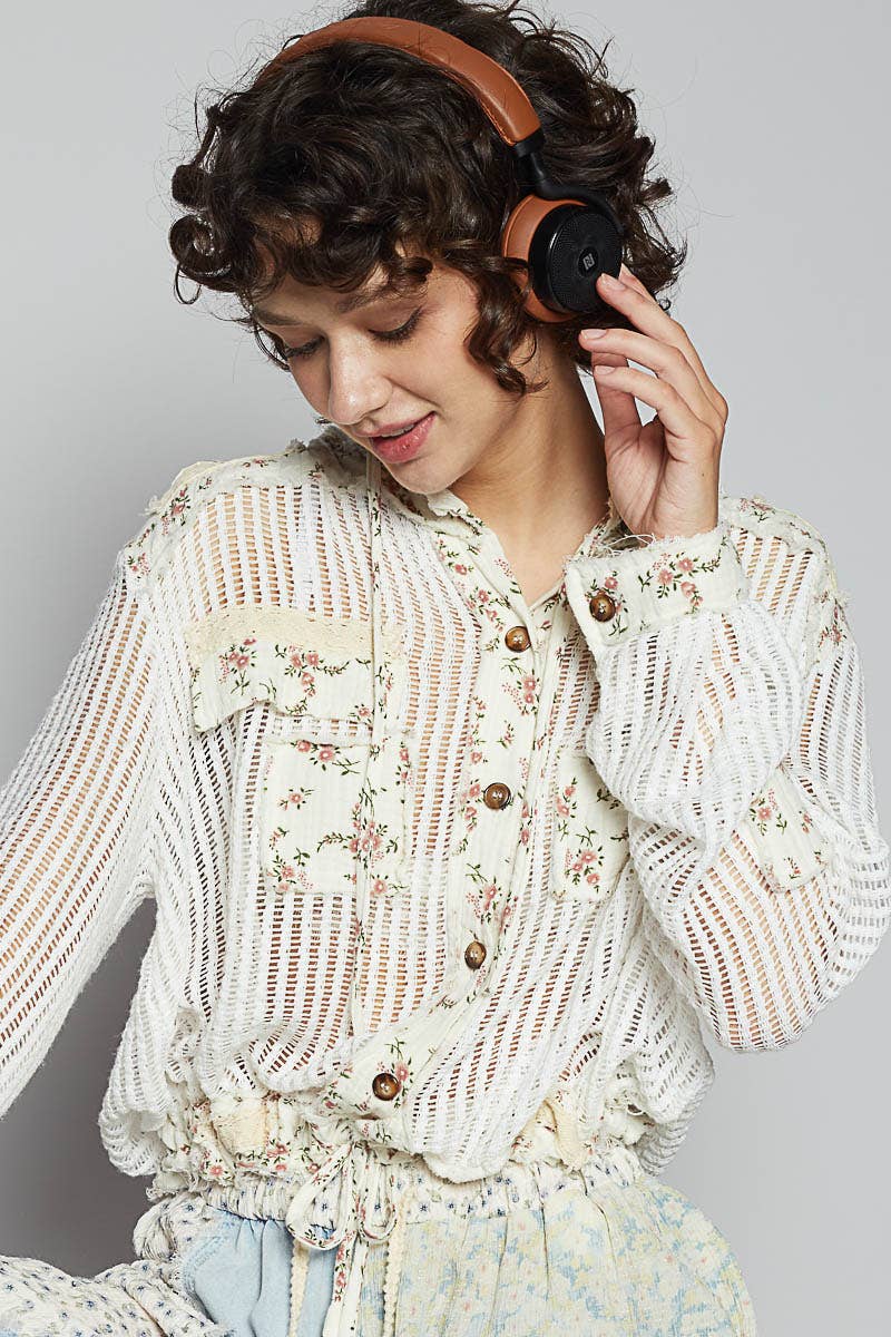 Boho Chic Lilac Mesh Button-Up Top with Floral Patchwork Detail