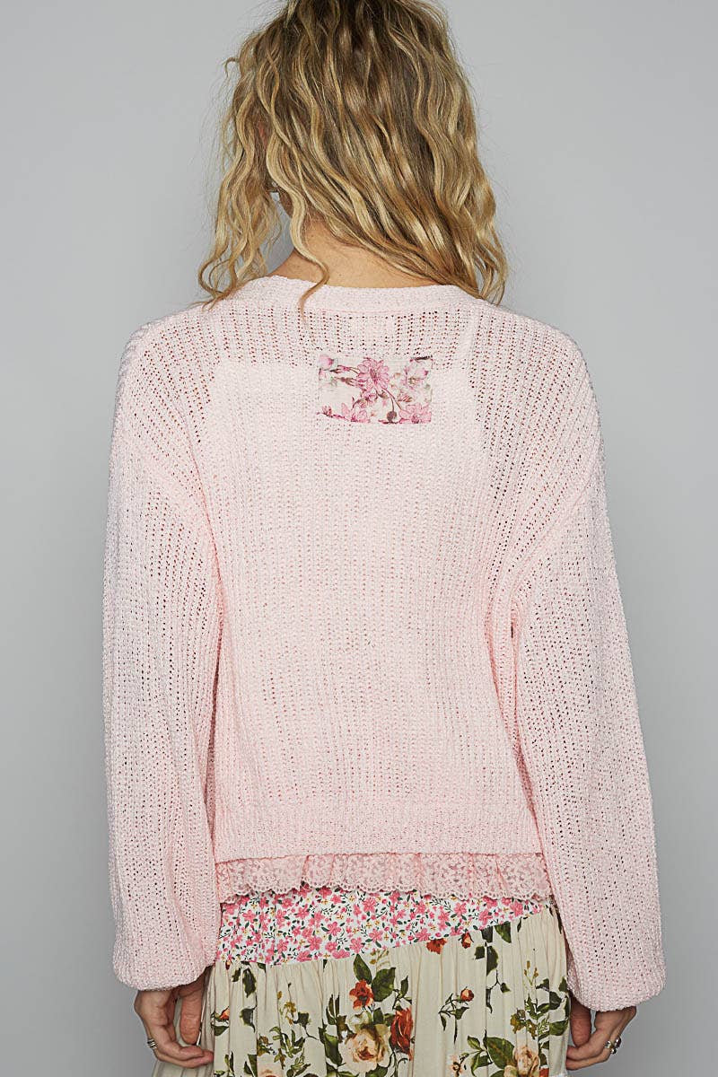 V-neck lace ruffle solid thin sweater cardigan