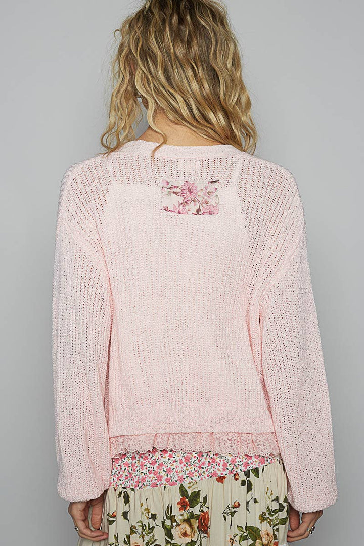 V-neck lace ruffle solid thin sweater cardigan