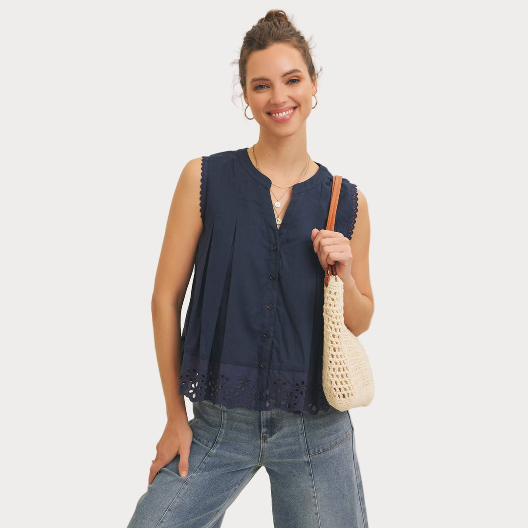 Eyelet Sleeveless Blouse | Button-Front Tank Top