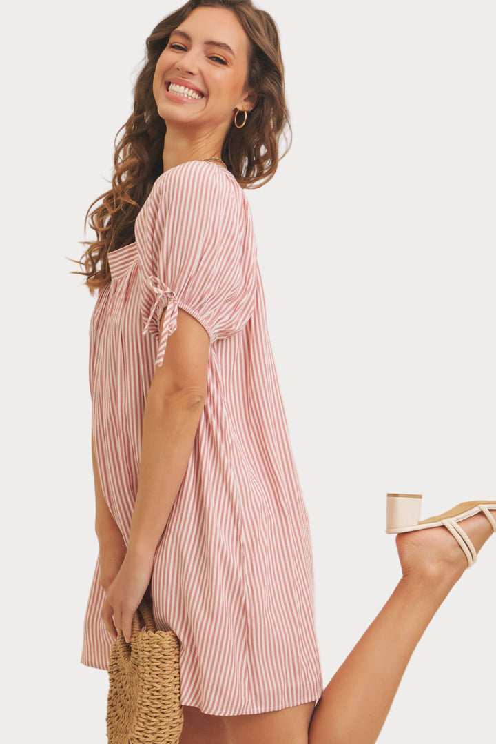 Striped Puff Sleeve Mini Dress | Red & White Square Neck Babydoll Dress