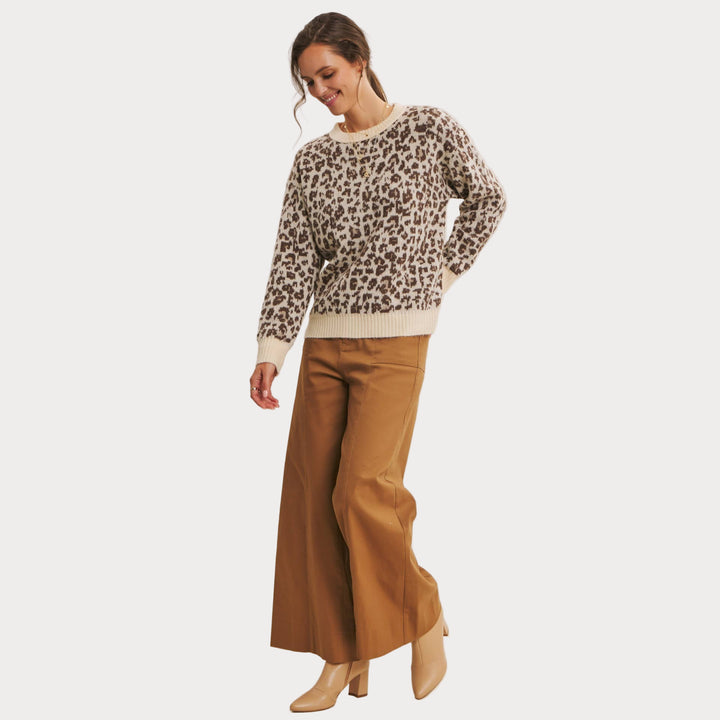 Leopard Print Crewneck Sweater | Cozy Animal Print Knit
