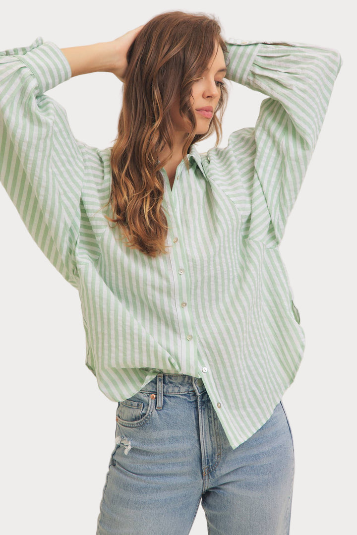 Striped Balloon Sleeve Blouse | Women's Relaxed Fit Button-Up