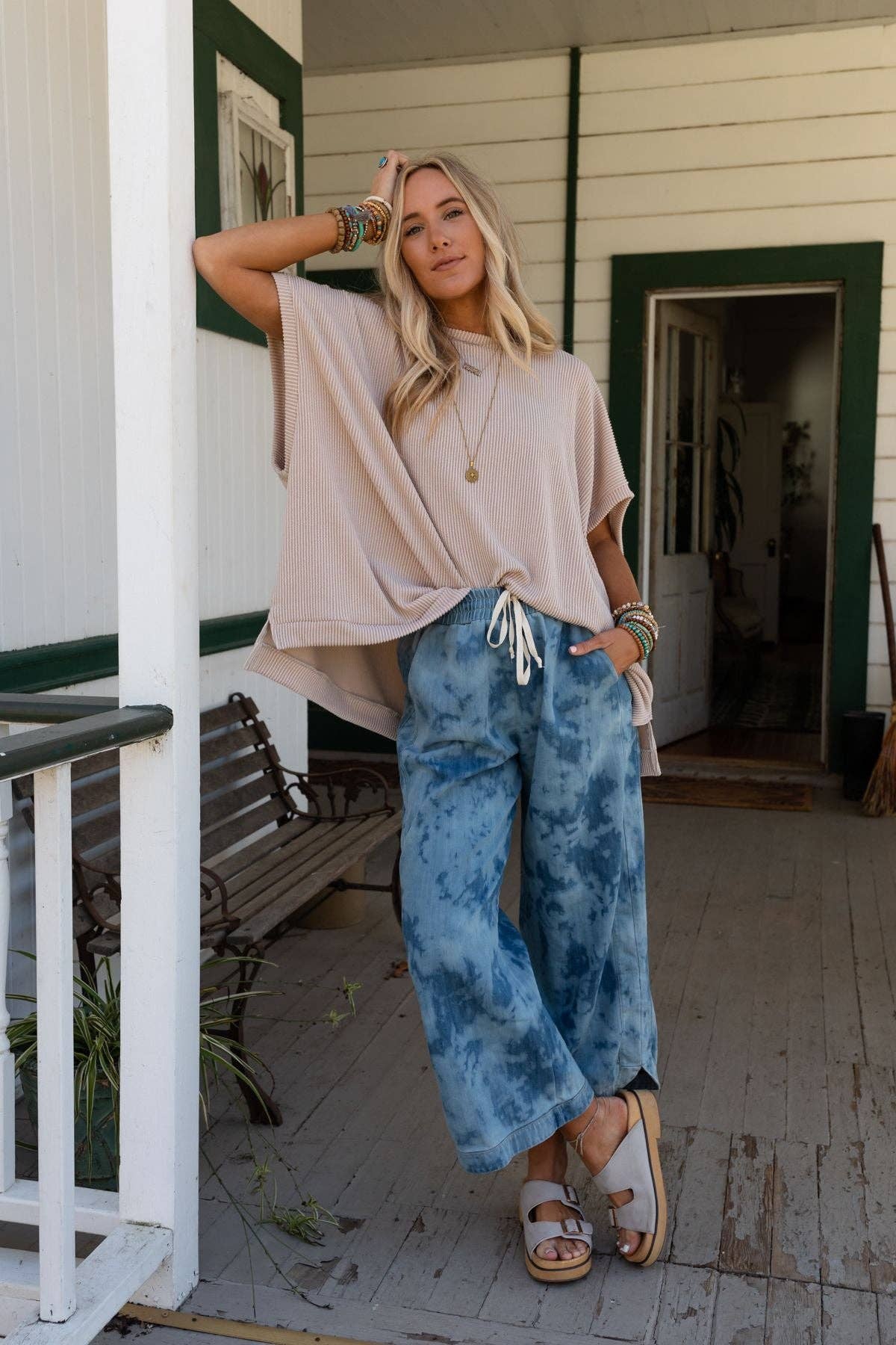 So Comfy Wide Leg Cropped Pant - Bleach Dye Denim