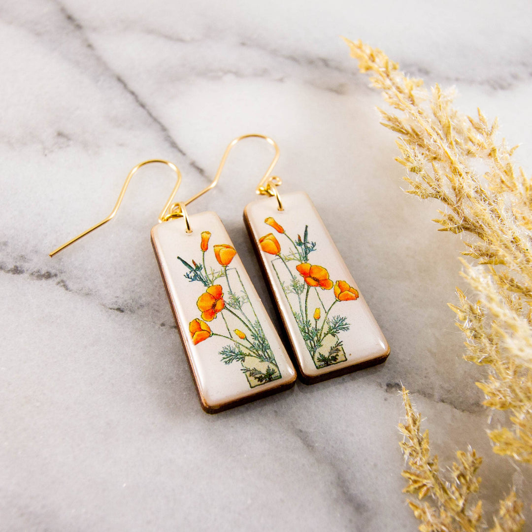 Art Deco California poppy floral wood earrings with orange flowers and gold-filled ear wires