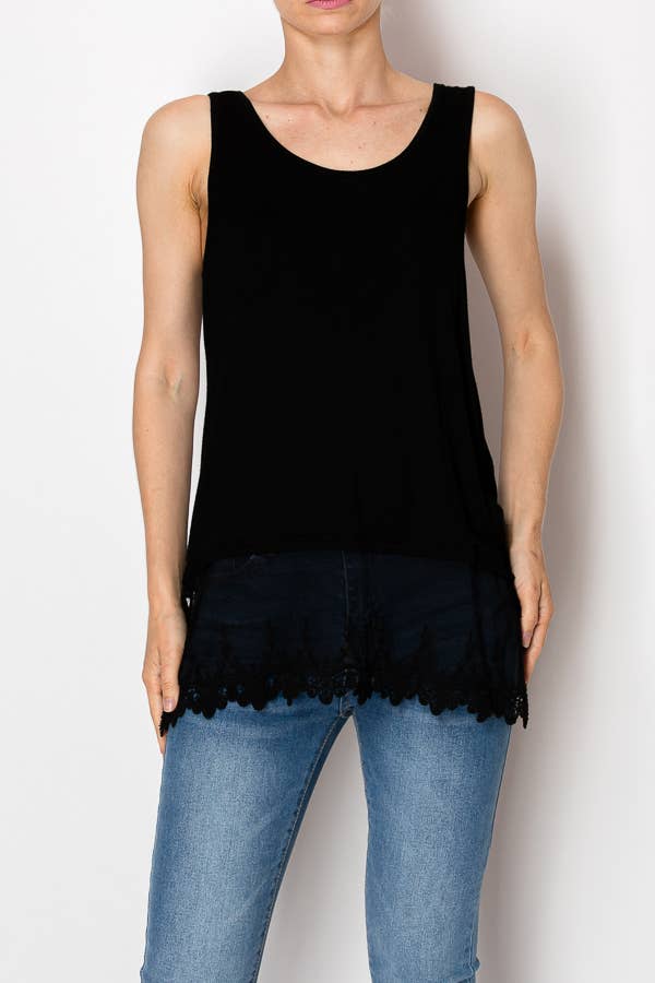 Soft Relaxed Tank With Delicate Floral Laced Hem - T08BK