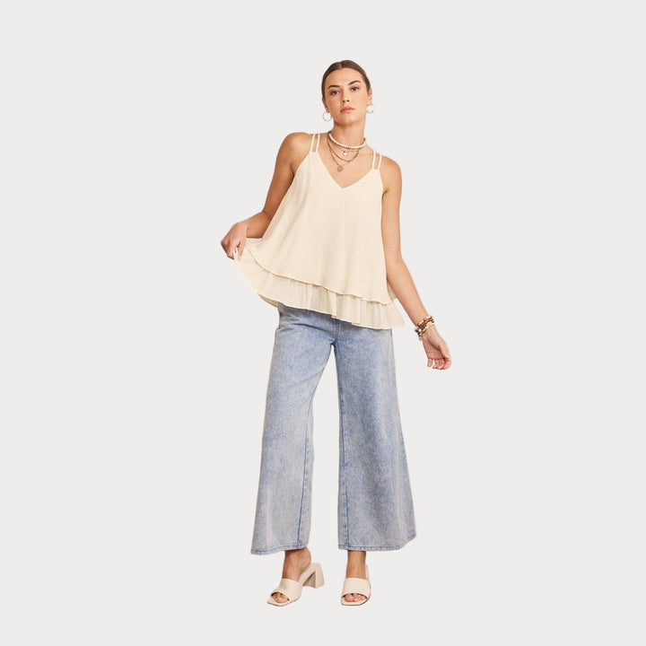 Double Strap Layered Cami | Cream V-Neck Tiered Tank Top