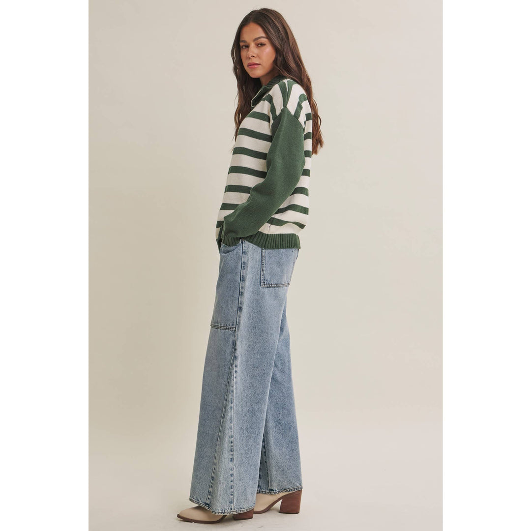 EVERGREEN DAYS CLASSIC HALF ZIP STRIPE PULLOVER SWEATER