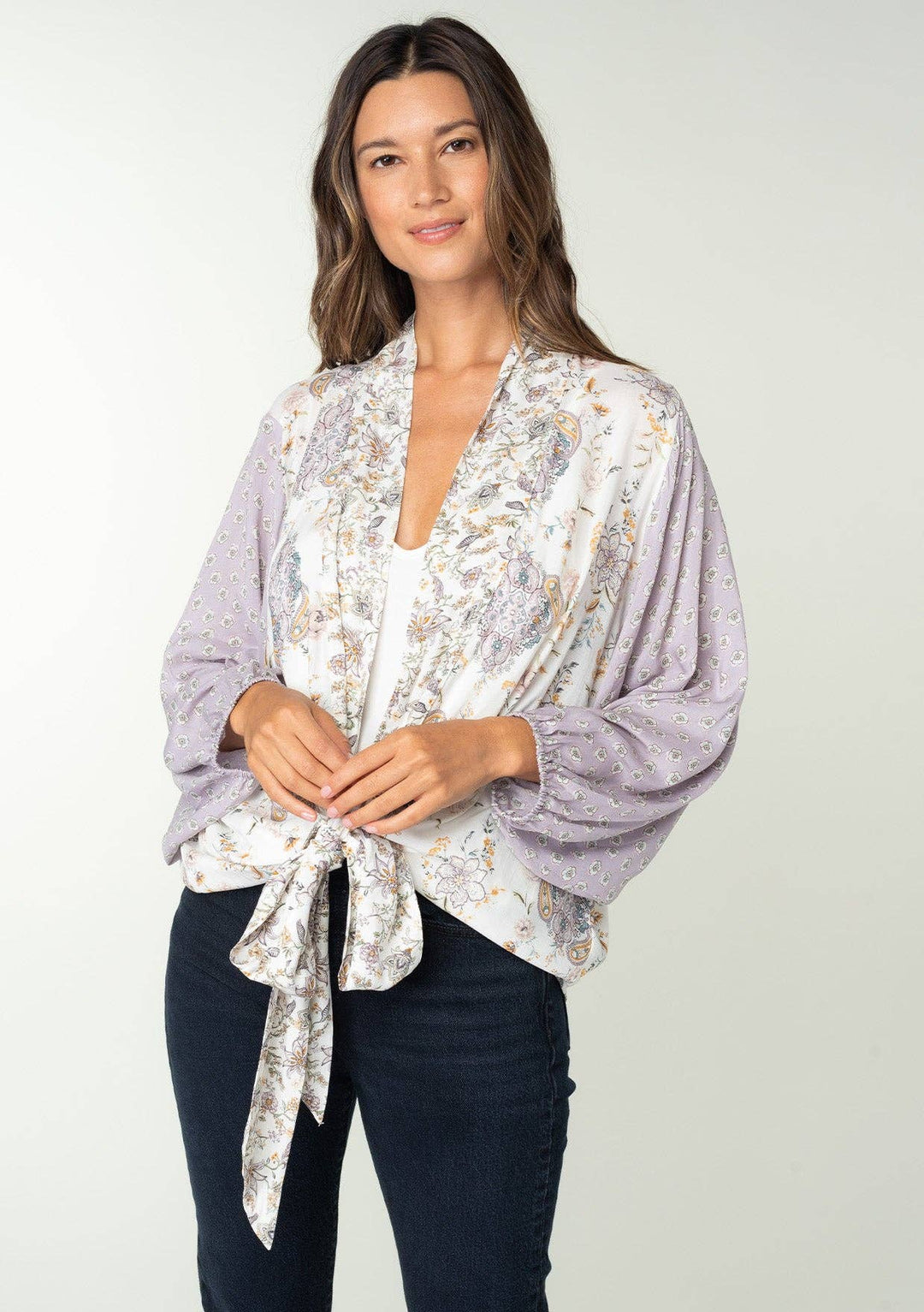 Floral Dolman Sleeve Tie Front Kimono Top