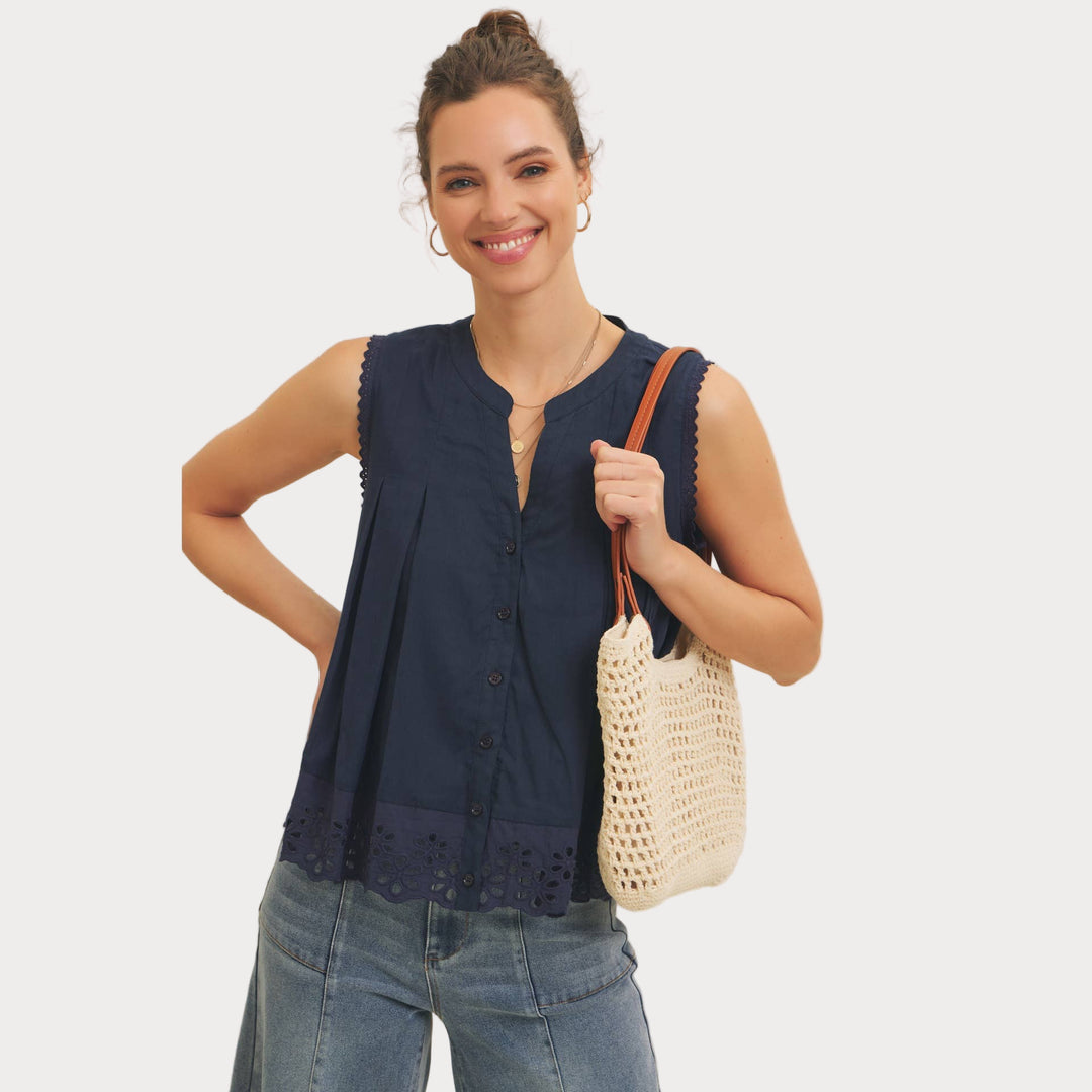 Eyelet Sleeveless Blouse | Button-Front Tank Top