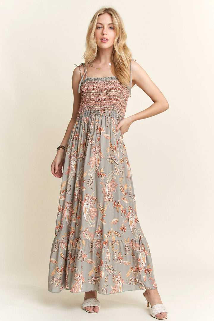 Boho maxi dress with paisley print and smocked bodice