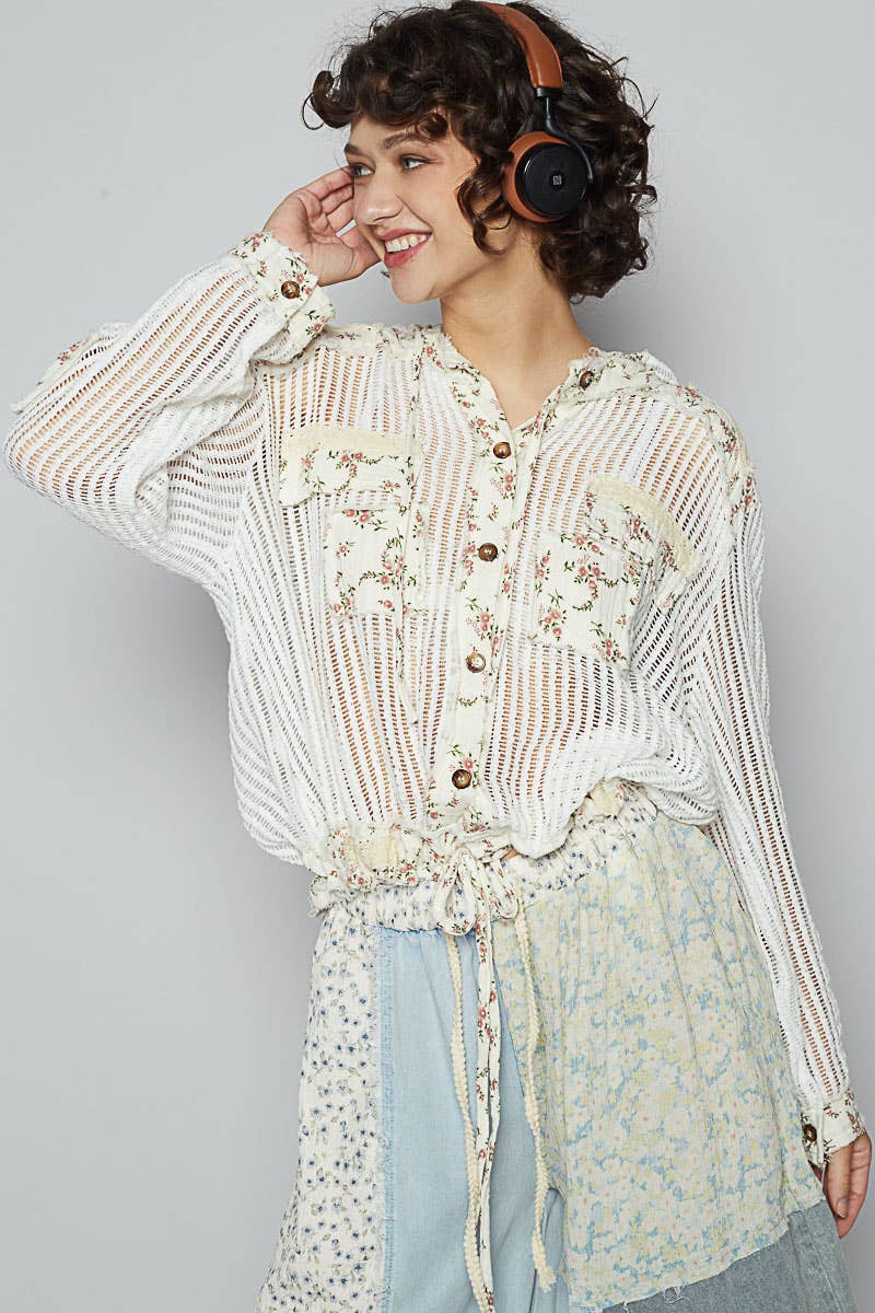 Boho Chic Lilac Mesh Button-Up Top with Floral Patchwork Detail