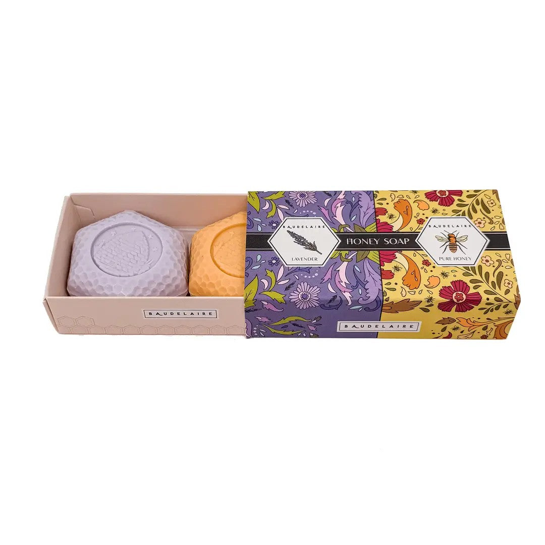 Lavender and Pure Honey Soap Matchbox Duo with two mini hexagon-shaped moisturizing soap bars in decorative gift packaging.