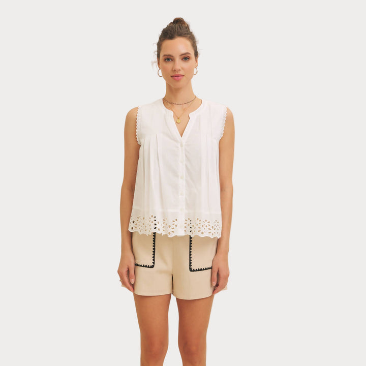 Eyelet Sleeveless Blouse | Button-Front Tank Top